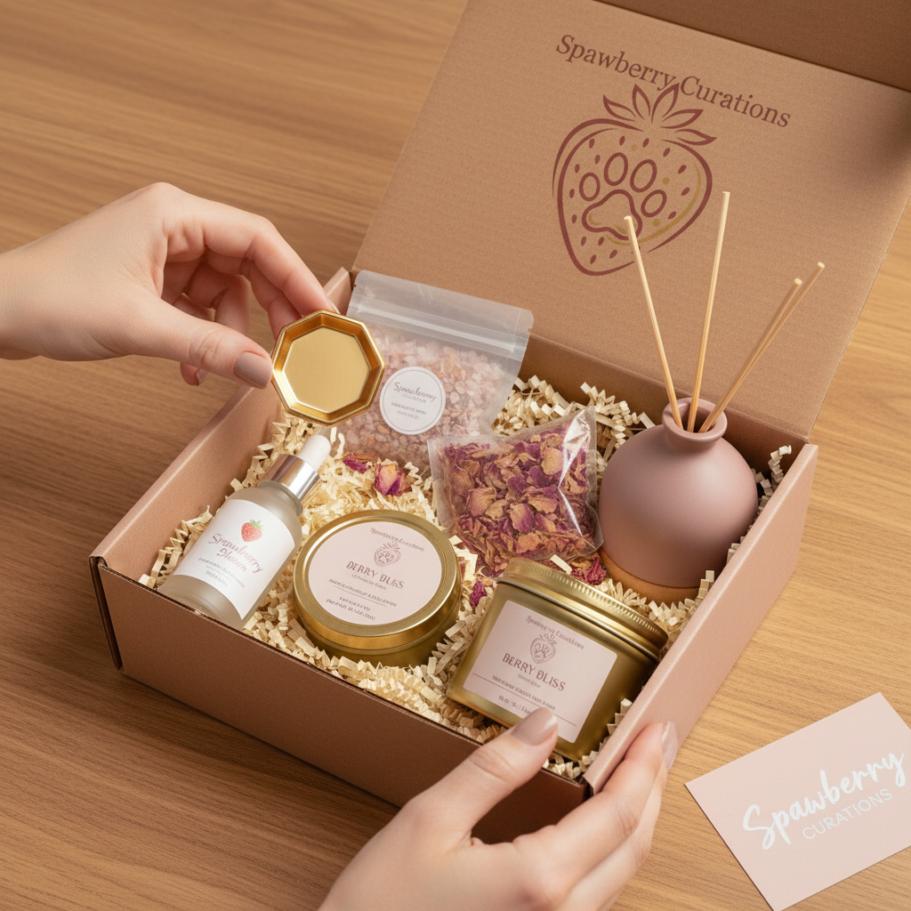 Spawberry Curations items being placed into a curated gift box
