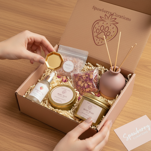 Spawberry Curations items being placed into a curated gift box